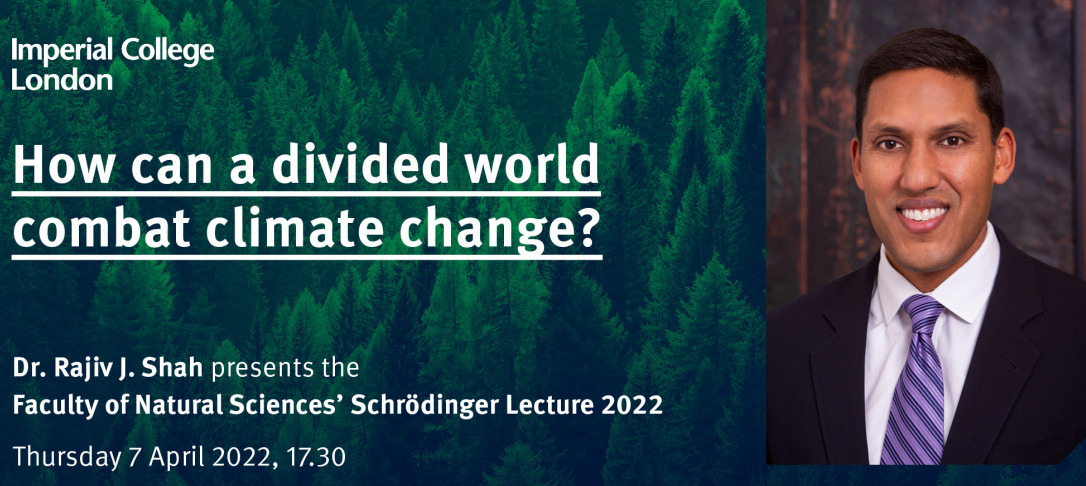 The title of the lecture 'how can a divided world combat climate change' is written over a background of an image of a green forest