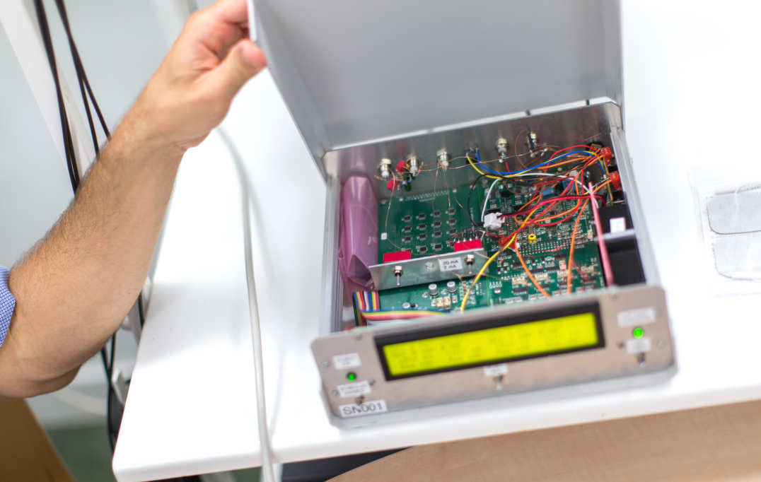 Inside the equipment. A view of the circuitry inside the brain stimulator