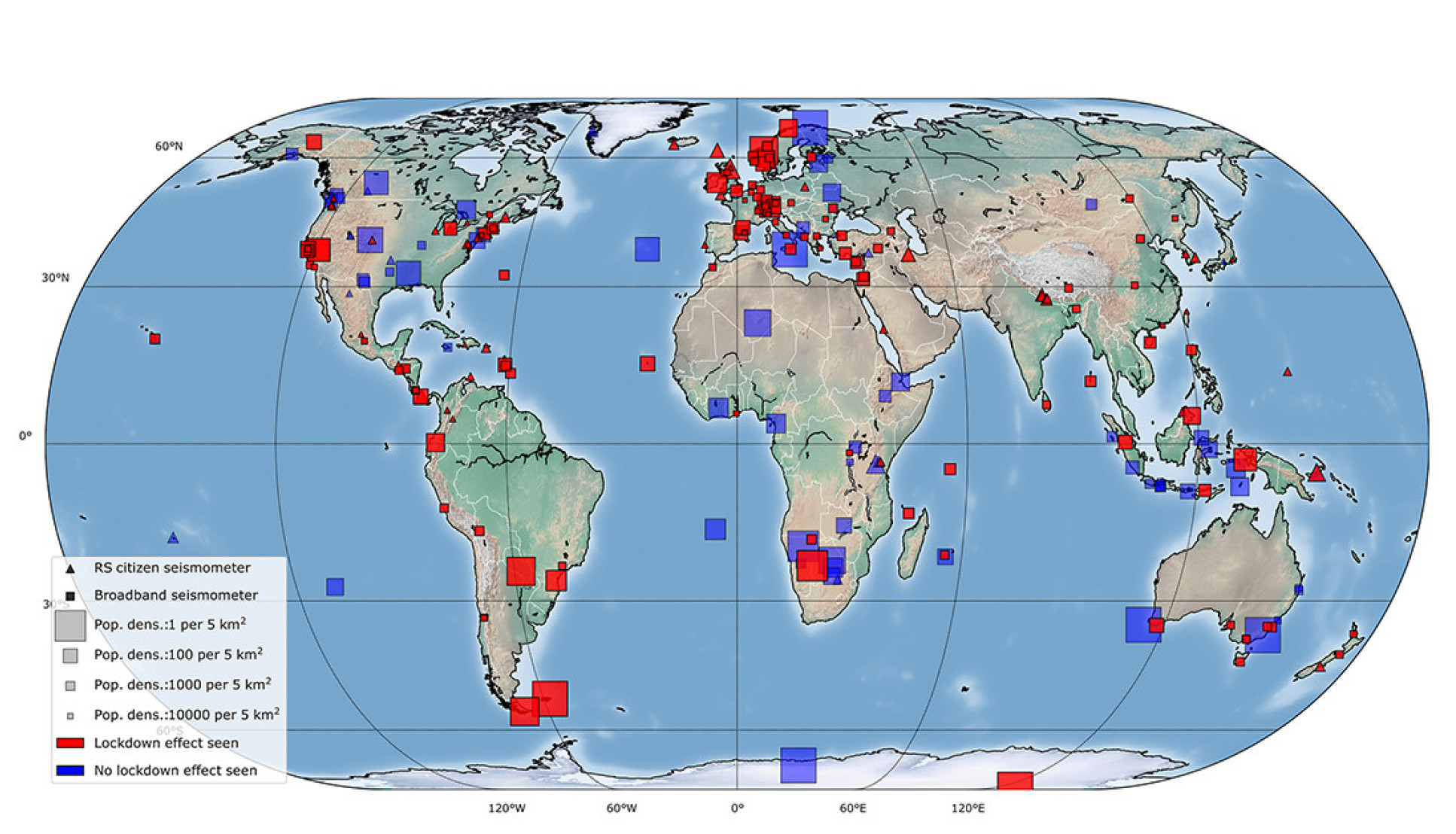 Worldwide map of the seismic stations that detected a drop in human-caused vibrations