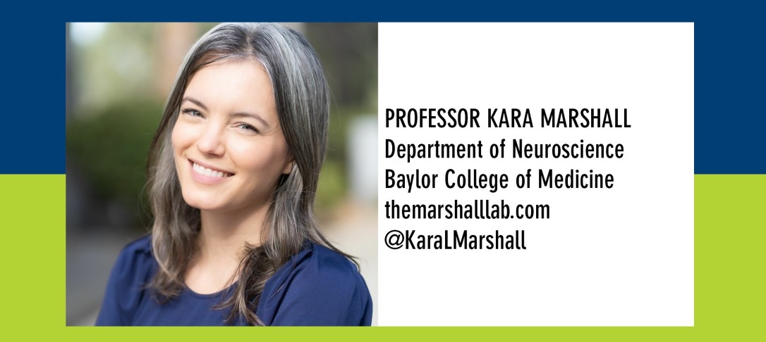 Portrait or Prof Kara Marshall and text stating her name, institution, website and twitter address
