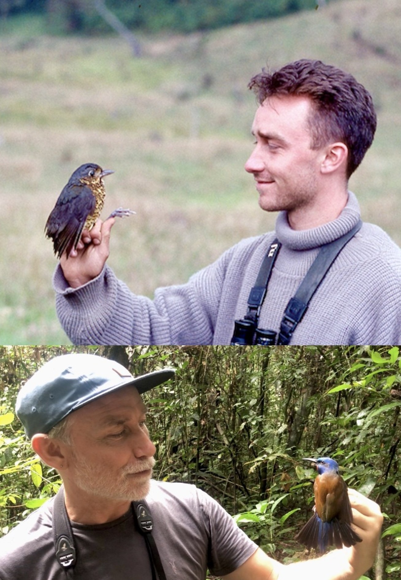 Two photos of the same man holding a bird