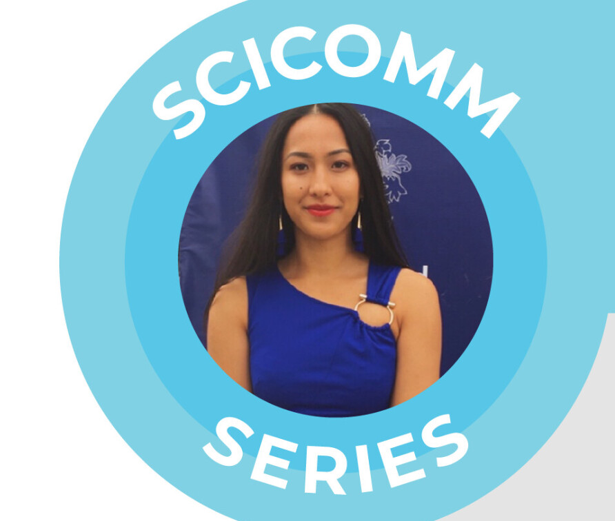 Scicomm Series logo featuring portrait photo of Sumana Shrestha