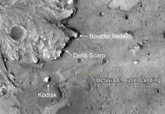A birdseye view of the delta fan in Jezero crater and the Perseverance rover landing site, informally named the Octavia E. Butler. Also seen is the Kodiak hill, the Delta Scarp and boulders