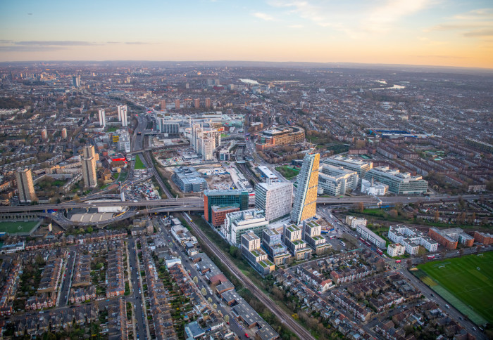 An aerial view of the White City Innovation District