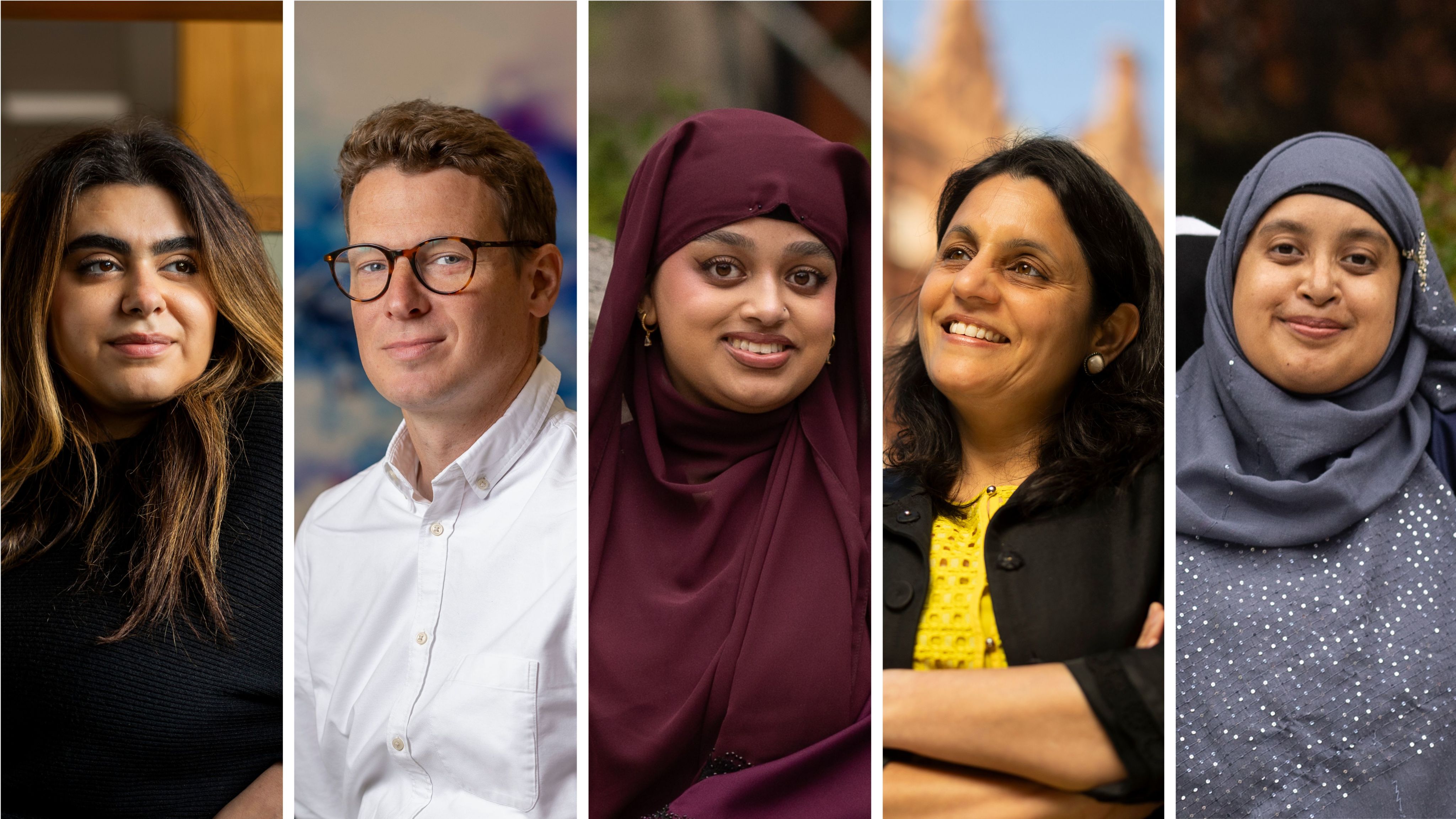 Five cropped portrait shots of individuals featured in this interview piece