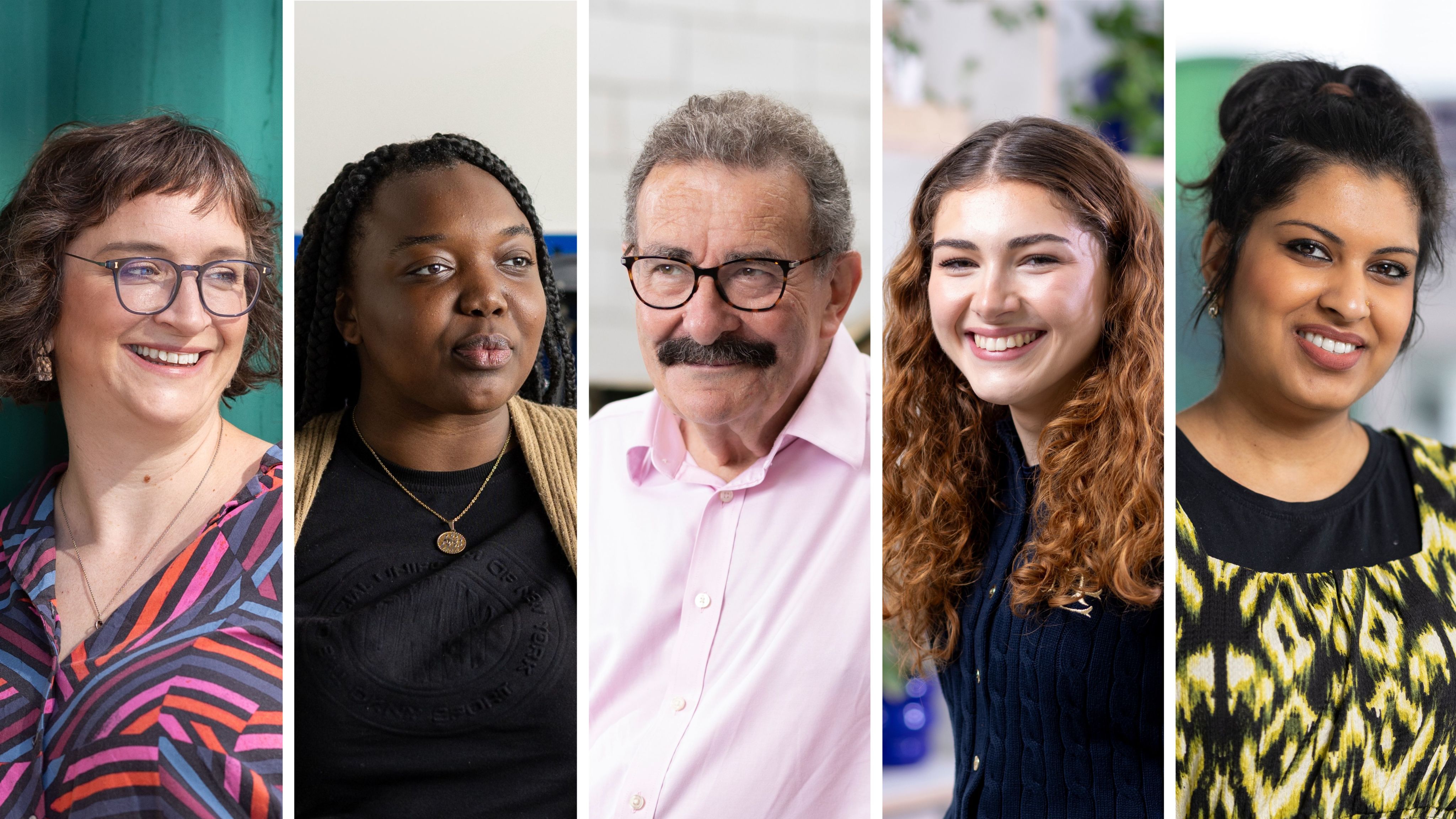 Five cropped portrait shots of individuals featured in this interview piece
