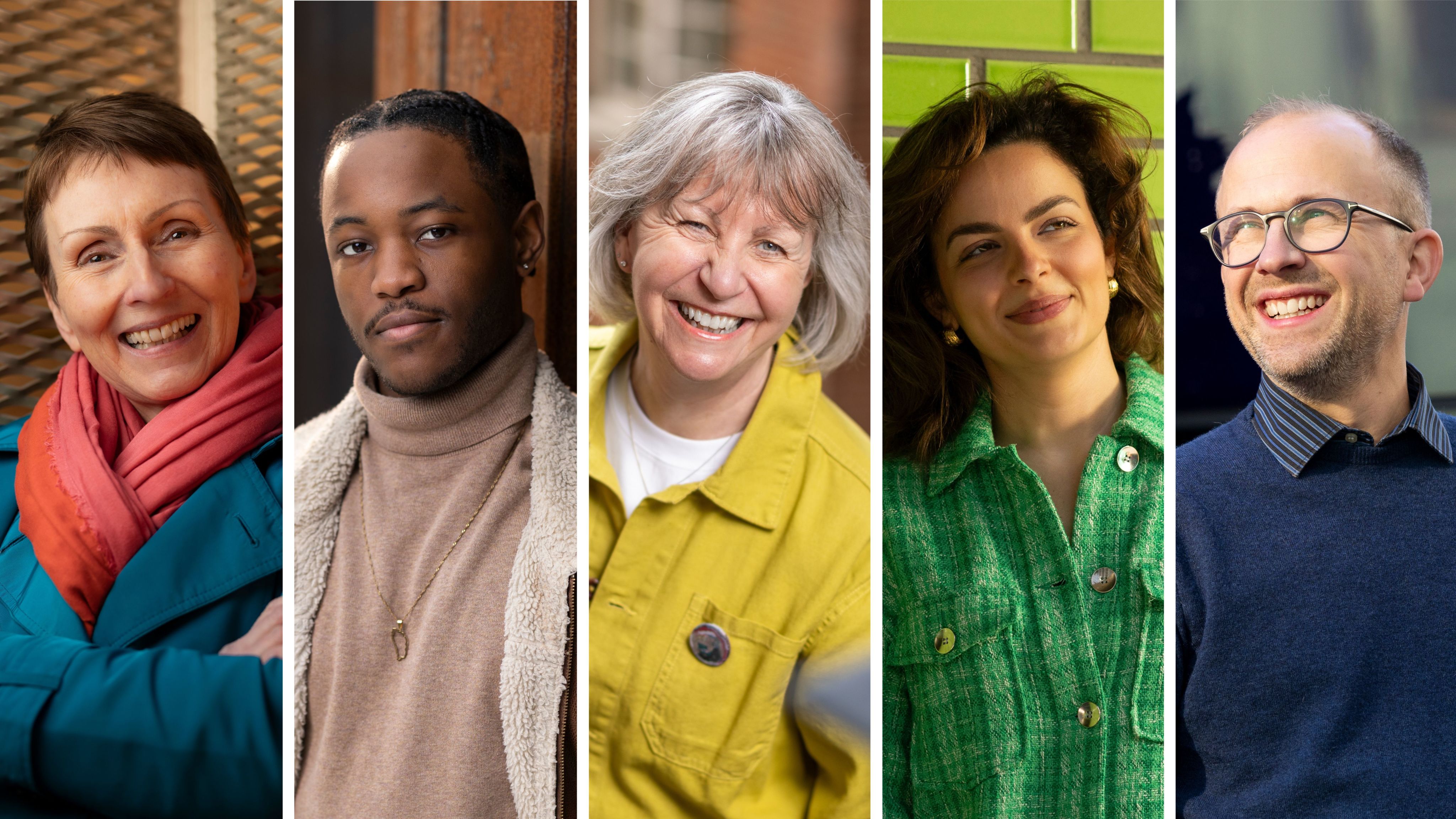 Five cropped portrait shots of individuals featured in this interview piece