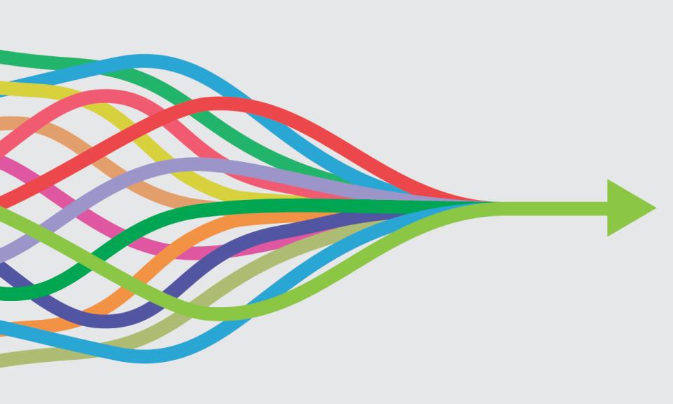 Multicoloured lines joining to form a single arrow