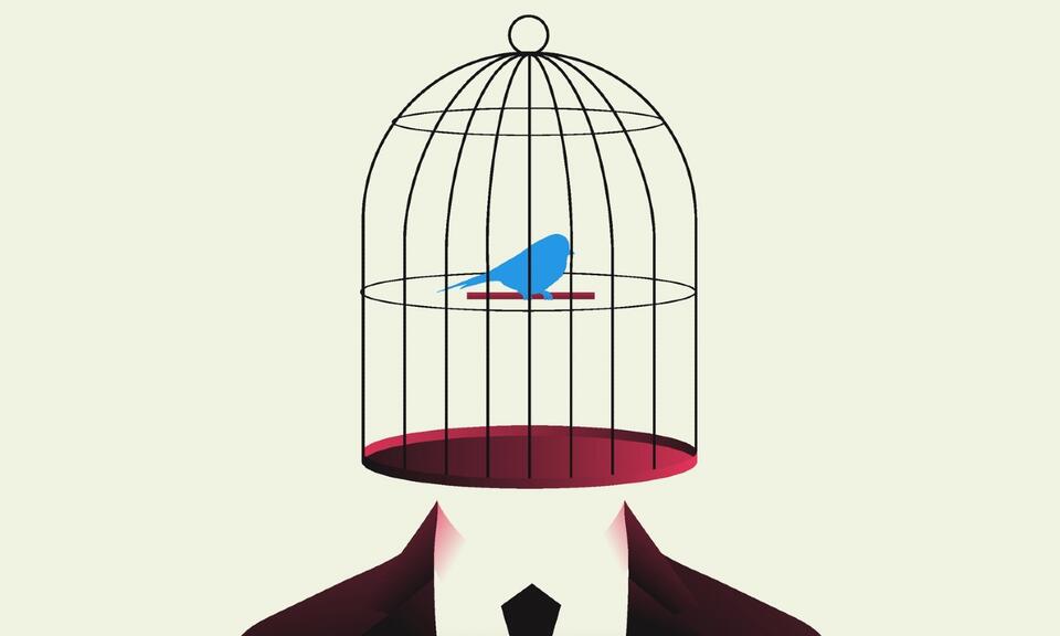 Man with a birdcage instead of head illustration