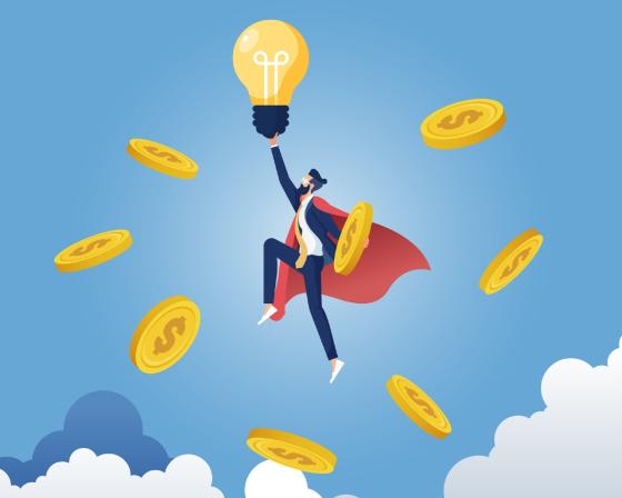 Man wearing cape in the sky holding lightbulb surrounded by gold coins