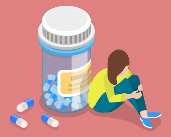 Illustration of a slumped female figure sitting beneath a towering container of pills