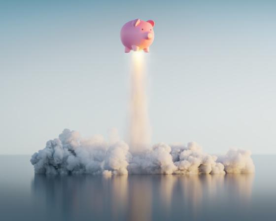Piggy Bank being blown into the sky 3D render