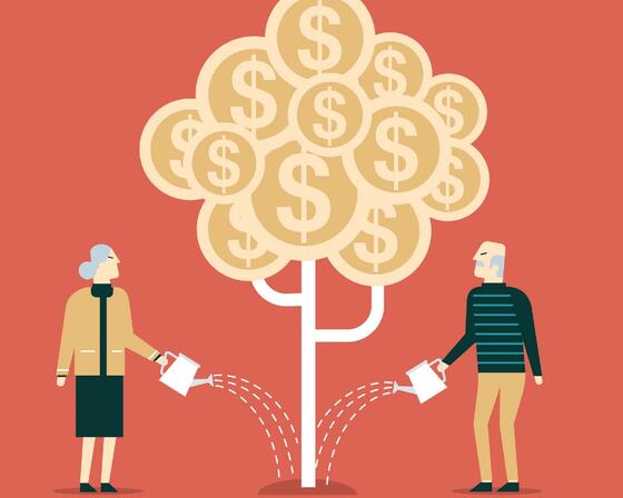 Illustration of two elderly people watering a tree made of money