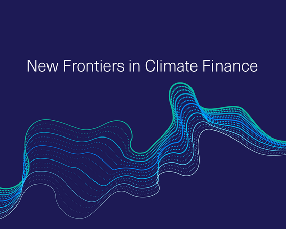 New Frontiers in Climate Finance title sits alongside an abstract design with circles, lines and interconnecting dots that are laid over an image of trees.