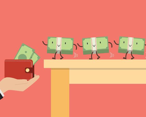 Illustration of money walking into a wallet 