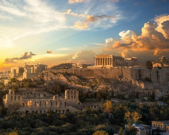The city of Athens, Greece in the evening