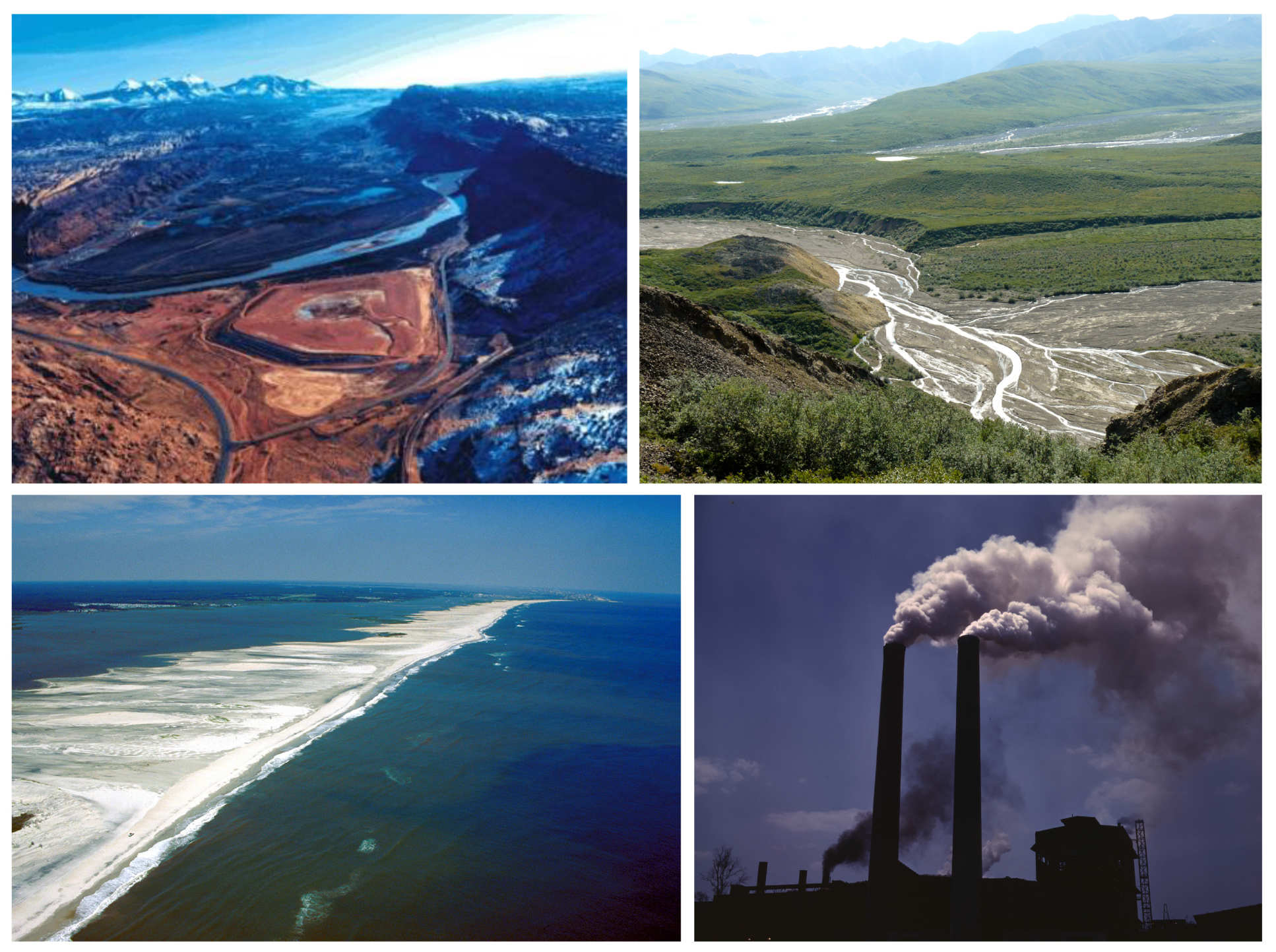 [Top left] View of the uranium mill tailings pile in Moab, Utah, [Top-right] Sediment transport within Toklat river, Alaska, USA,[ Bottom-left] Coastal sediment transport at Assateague Island, Maryland, USA, [Bottom-right] Air pollution from fossil-fuel power station