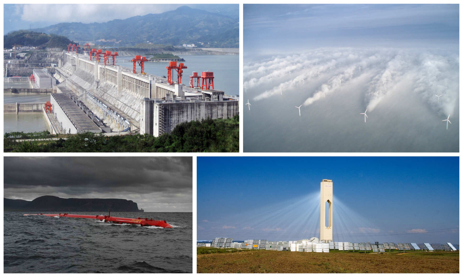 [Top-left] Three Gorges Dam, China, [Top-right] Wake from offshore wind turbine array, [Bottom-left] Pelamis wave energy converter, [Bottom-right] Solar power tower, Seville, Spain.