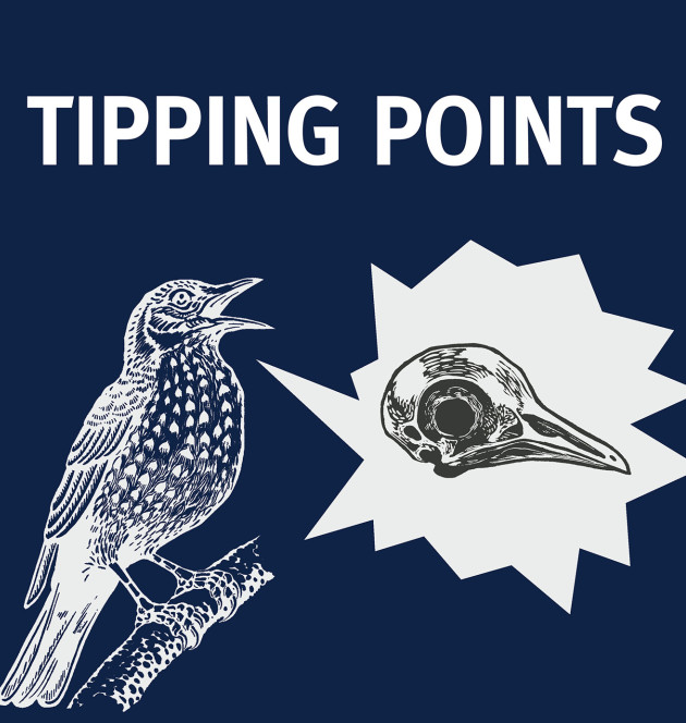 Illustration of a bird with a speech bubble with another illustration of a bird skull inside it. Text: Tipping points.