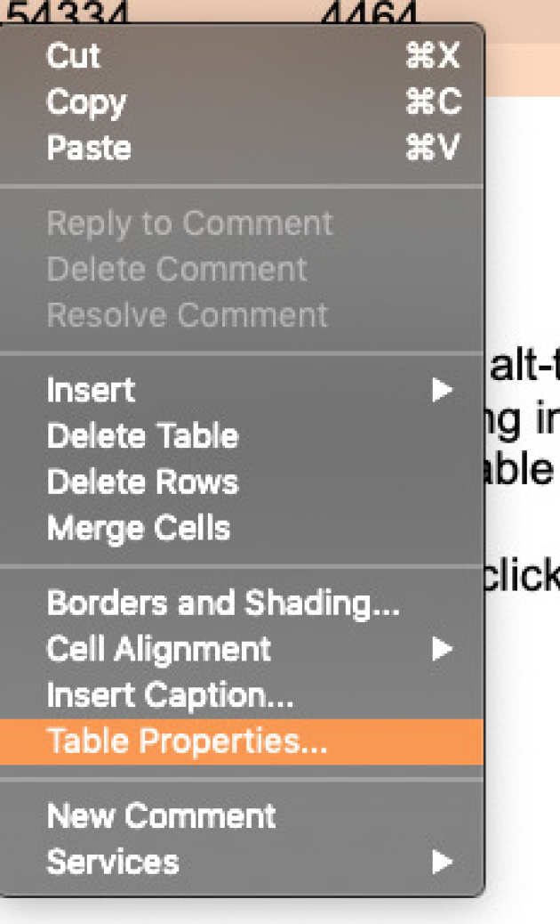 Screenshot of the menu when you right click on a table. Table Properties is selected.