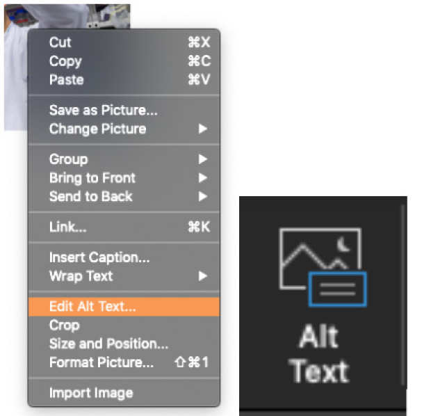 Screenshot of Menu options on a Mac when right clicking on an image. The 'Edit Alt Text...' is selected and the Alt Text icon from the ribbon.