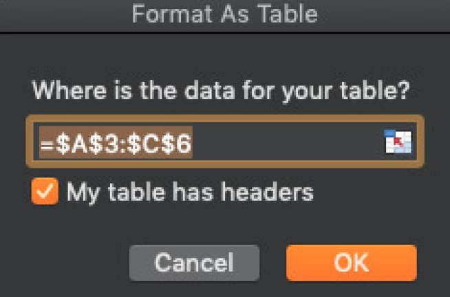 Screenshot of the Format as a Table box in Excel with the table cells indicated and the 'My table has headers' box ticked.