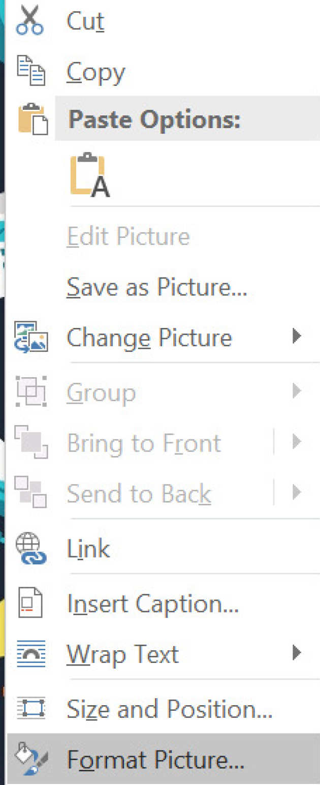 Screenshot of the menu options on Windows/Office365 when right clicking on an image. The 'Format Picture.' is selected.