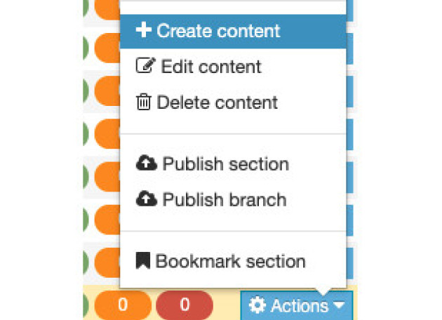 Create content option from the Actions menu