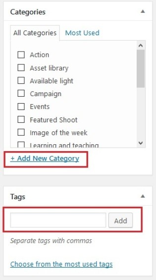 Categories and tags screenshot with add new category highlighted