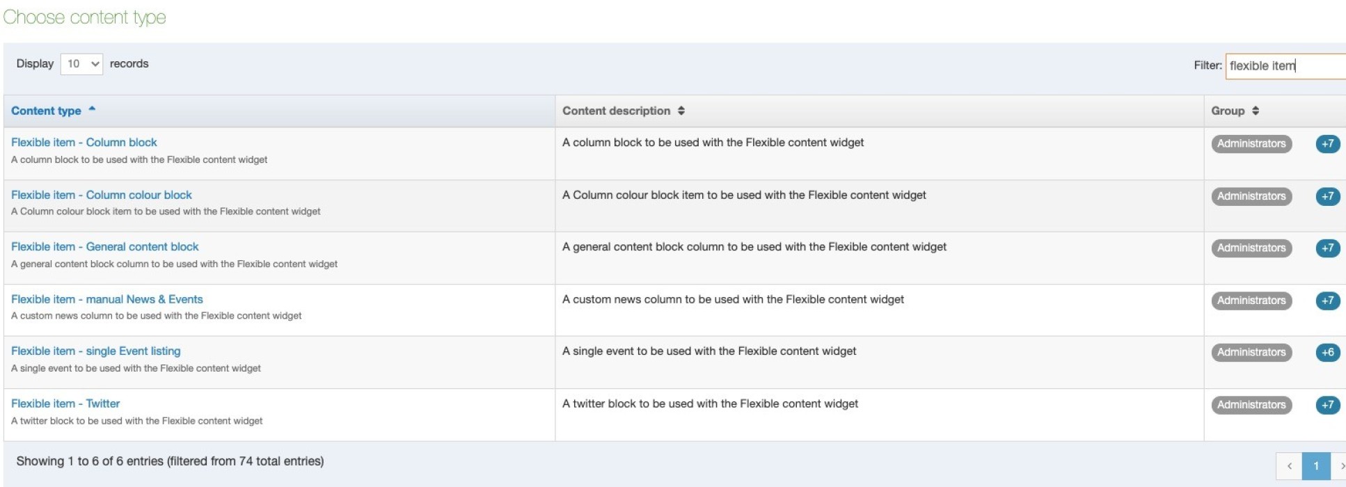 Choose a content type screen filtered by 'flexible item'