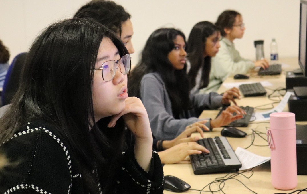 Student looking at a computer monitor