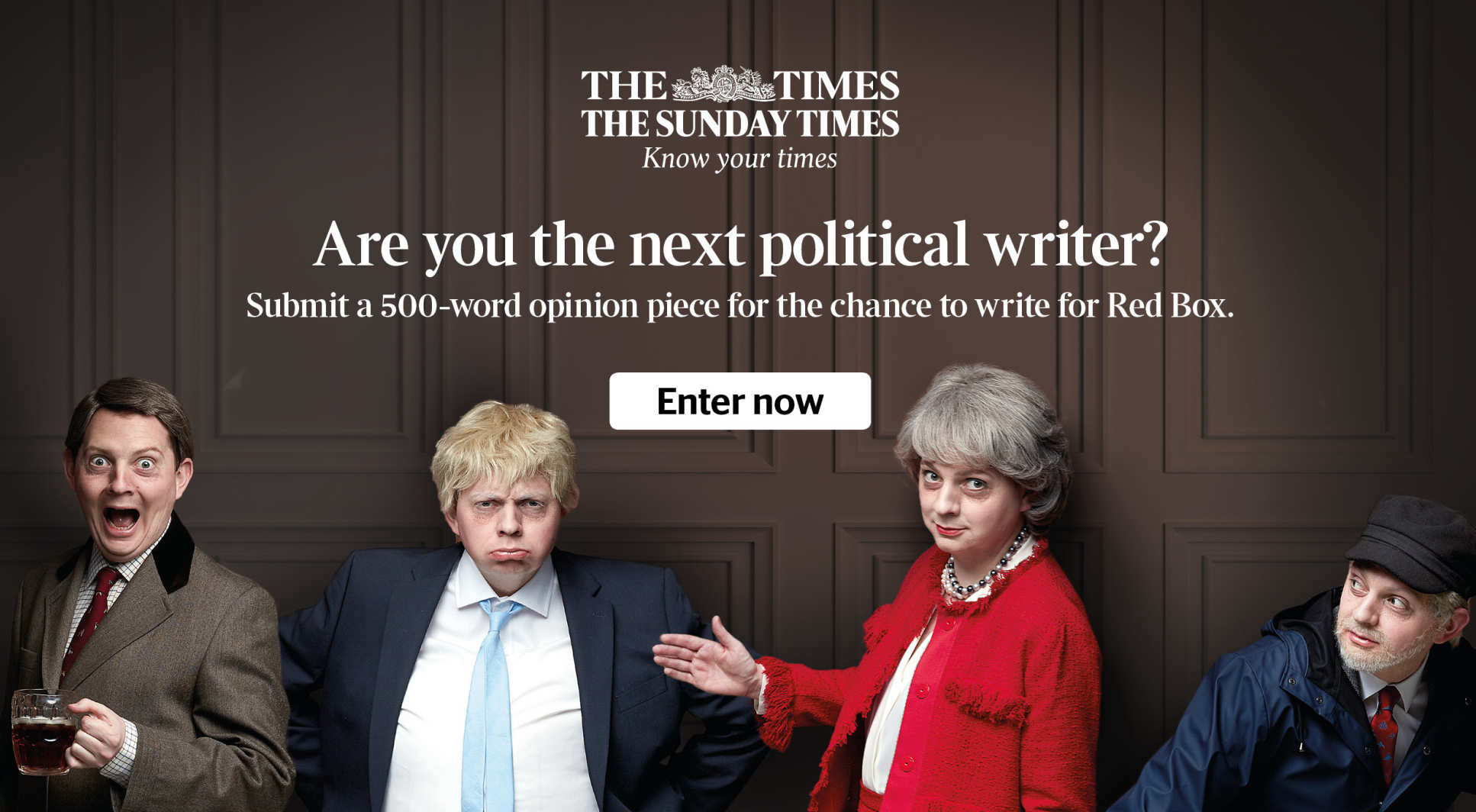 The competition poster, featuring Matt Chorley dressed as UK political leaders