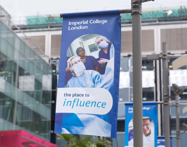 Imperial College banner hanging from lampost in quad