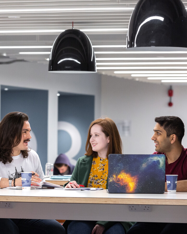 (Left to right) Undergraduate students and Imperial Outreach student mentors Jack Window, Holly Monkhouse and Harshil Joshi in the boss space. Shot for the widening participation spread in the Prospectus.