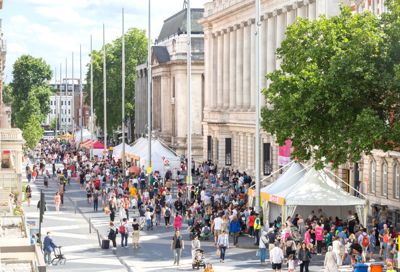 Exhibition Road during the 2019 Festival with lots of people and marquees