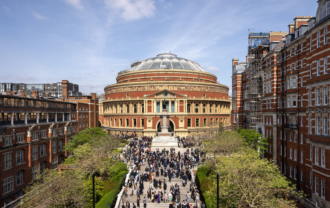 A view of the Royal Albert Hall and the steps full of people