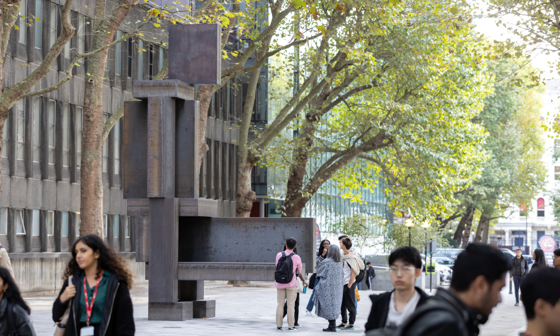 A side view of Antony Gormley's ALERT on Imperial's South Kensington Campus.