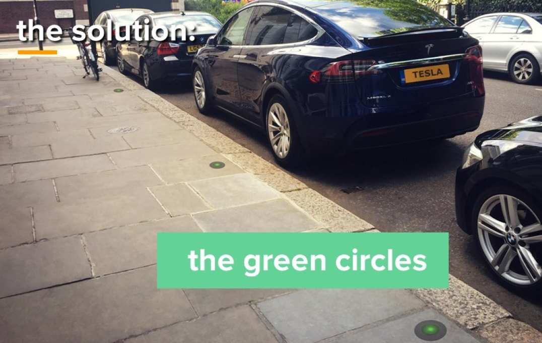 cars parked alongside pavement with green glowing circles