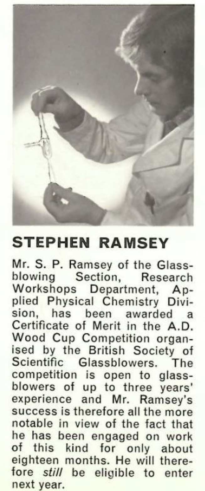 A newspaper clipping of a young Steve Ramsey holding a glass vial