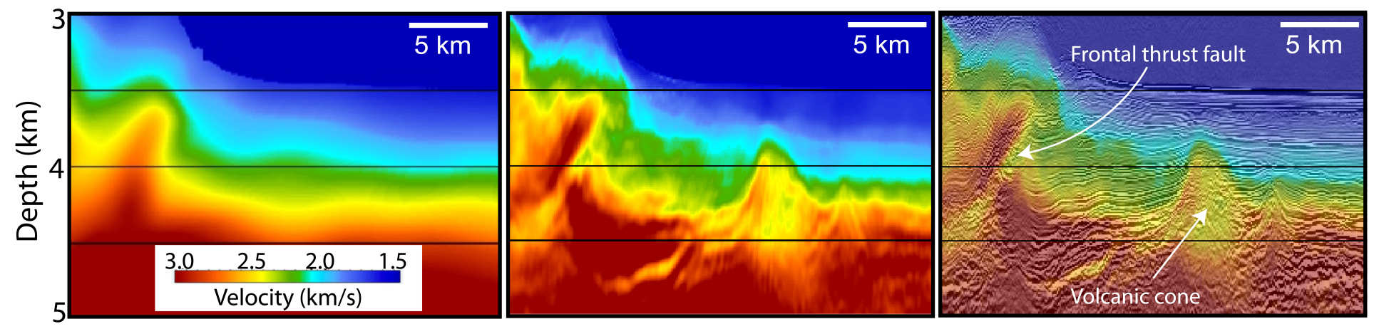 Ultrasound images of the subduction zone, before (L) and after (middle & R) 2D waveform inversion was used. The 'after' photos show the zone in much finer, higher resolution detail.