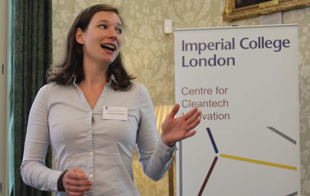 A woman presents in front of a banner reading "Imperial College London, Centre for Cleantech Innovation"