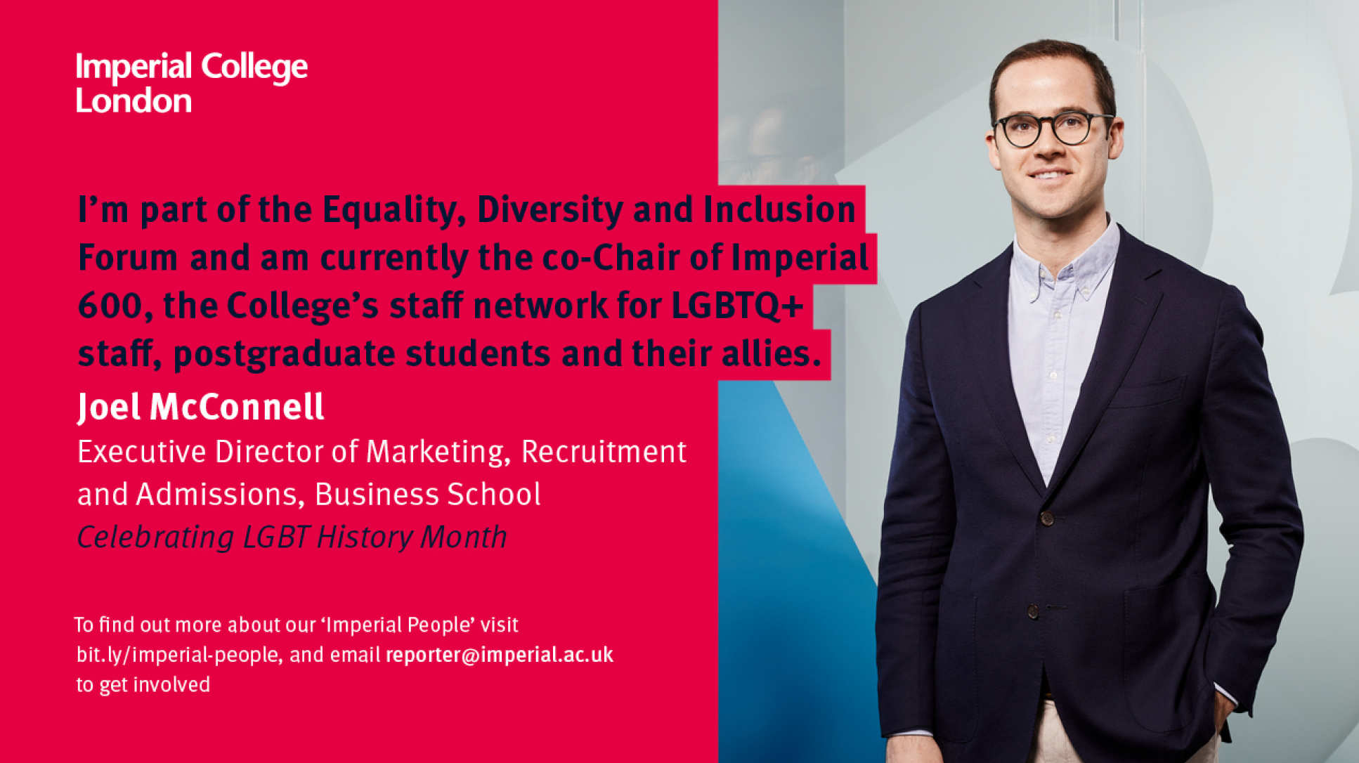 man in suit smiles at camera - quote on the left details that he is part of the Equality, Diversity and Inclusion Forum and is co-Chair of Imperial 600