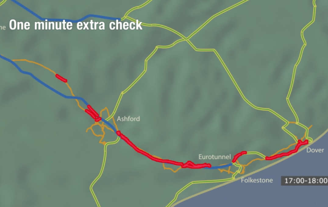 Map showing predicted queue length after one minute extra check per vehicle