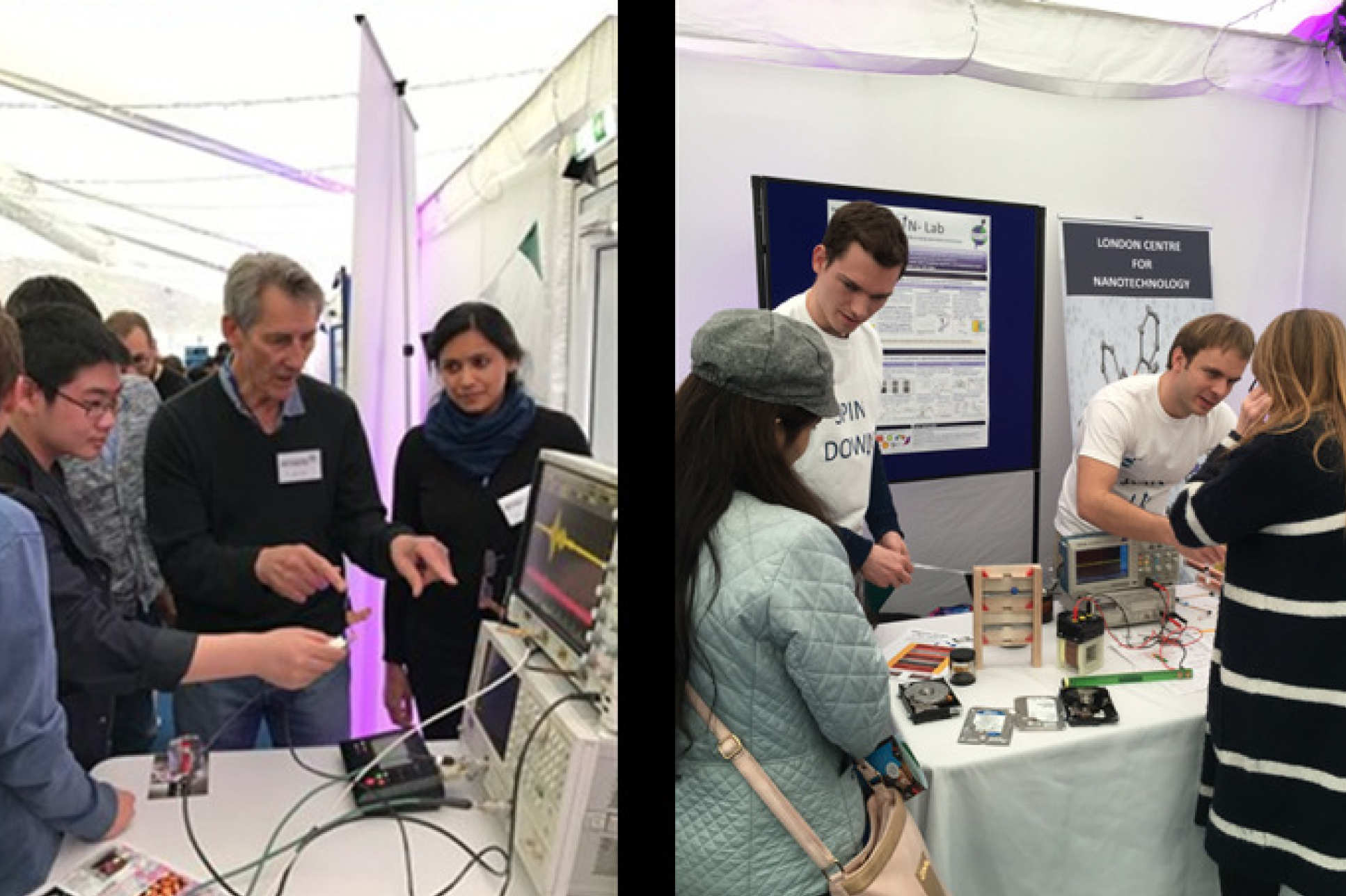 LCN researchers at the Imperial Festival, at the Amazing Masers (left) and SPIN-Lab (right) stands.