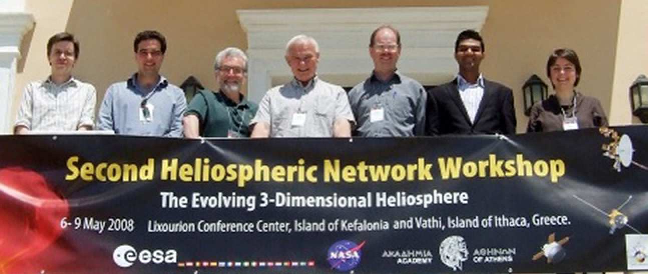 Present and past members of Imperial College gathering in Kefalonia (Ithaca) to celebrate the achievements of the Ulysses mission. From left to right: Dr. Tim Horbury, (PhD Ulysses), Reader in Space Physics, Dr. Adam Rees, (PhD Ulysses), Research Associate, Ulysses, 2003-2008, Dr. Richard Marsden (PhD, Imperial College 1976), ESA Project Manager, Ulysses, Professor Andre Balogh, Imperial College, Principal Investigator of the magnetic field experiment on Ulysses, Dr. Bob Forsyth, Reader in Space Physics, Neel Savani (PG Student, Ulysses), Dr Silvia Dalla, Research Associate, Ulysses 1998-2003