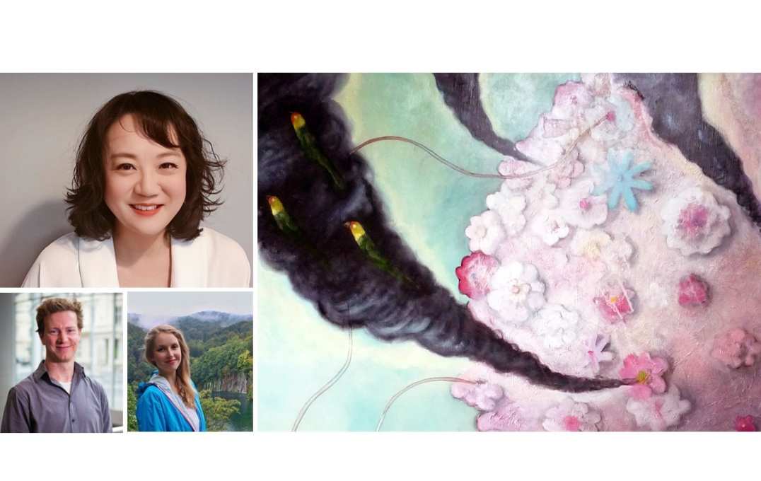 Top-left a photograph of a woman smiling, underneath that to the left a photo of a man smiling, and to the right a photo of another woman smiling. To the right of all of these a painting of pink and blue flowers with smokey tornadoes coming from them, inside the tornadoes are colourful birds