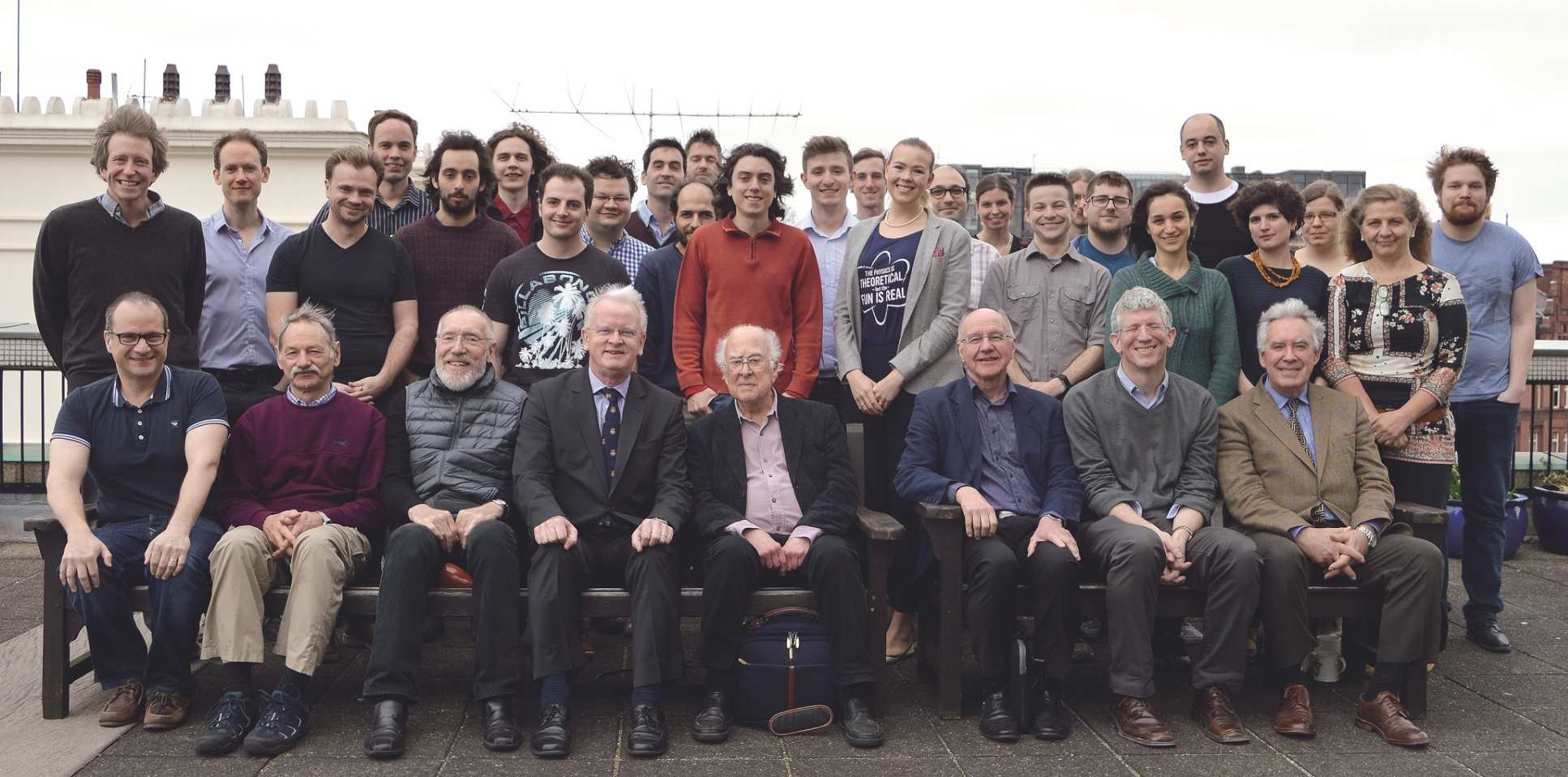 Nobel laureate Peter Higgs with James Stirling and Imperial physicists in 2017