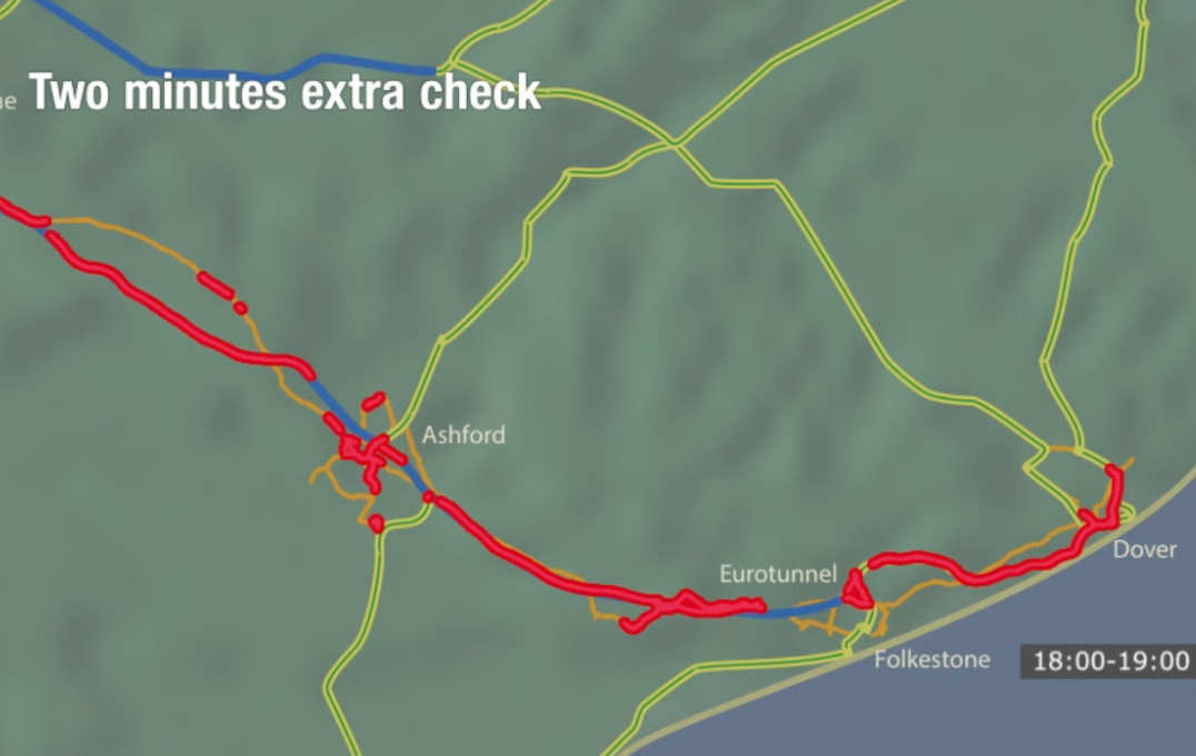 Map showing predicted queue length after two minutes' extra check per vehicle