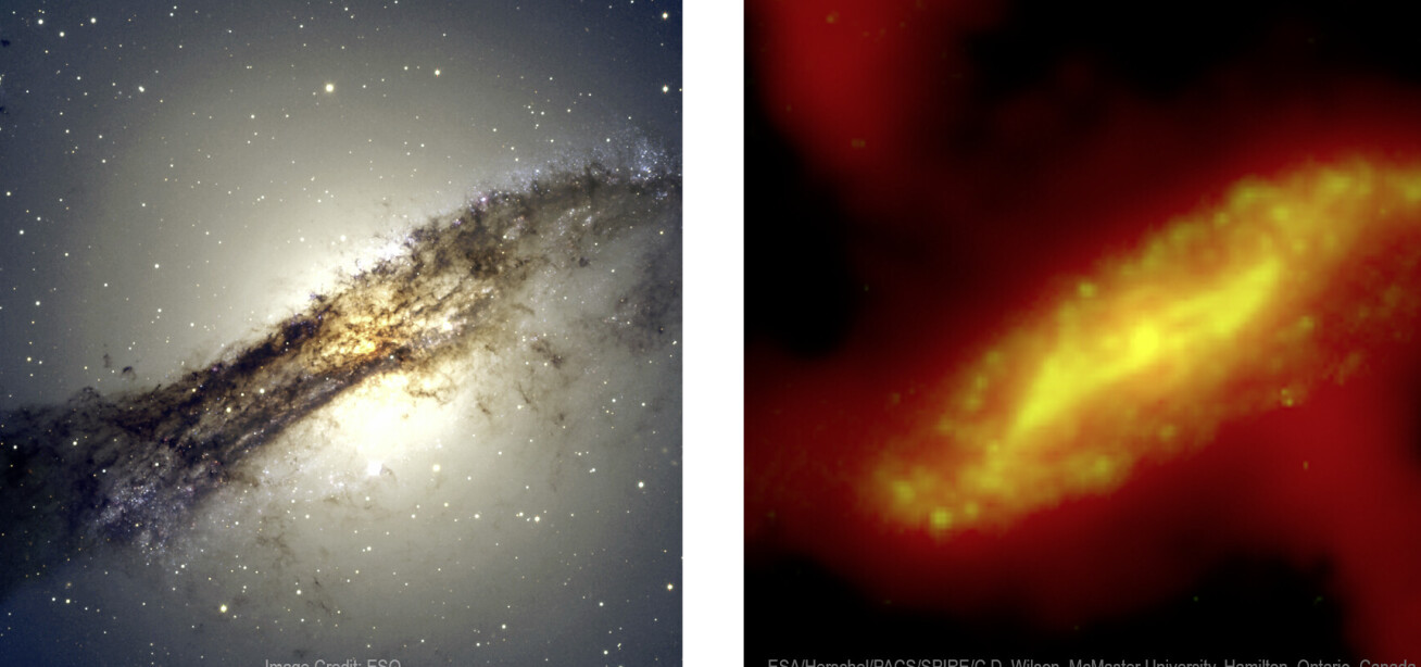 Two images of a galaxy showing visible light and infrared light