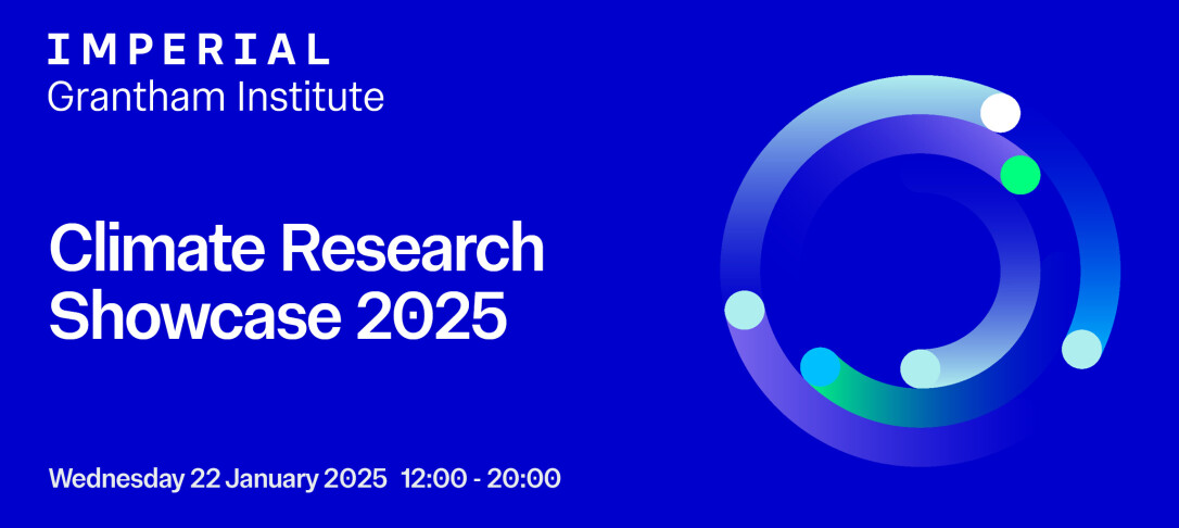 Grantham Institute Climate Research Showcase 2025 event image, white text on blue background